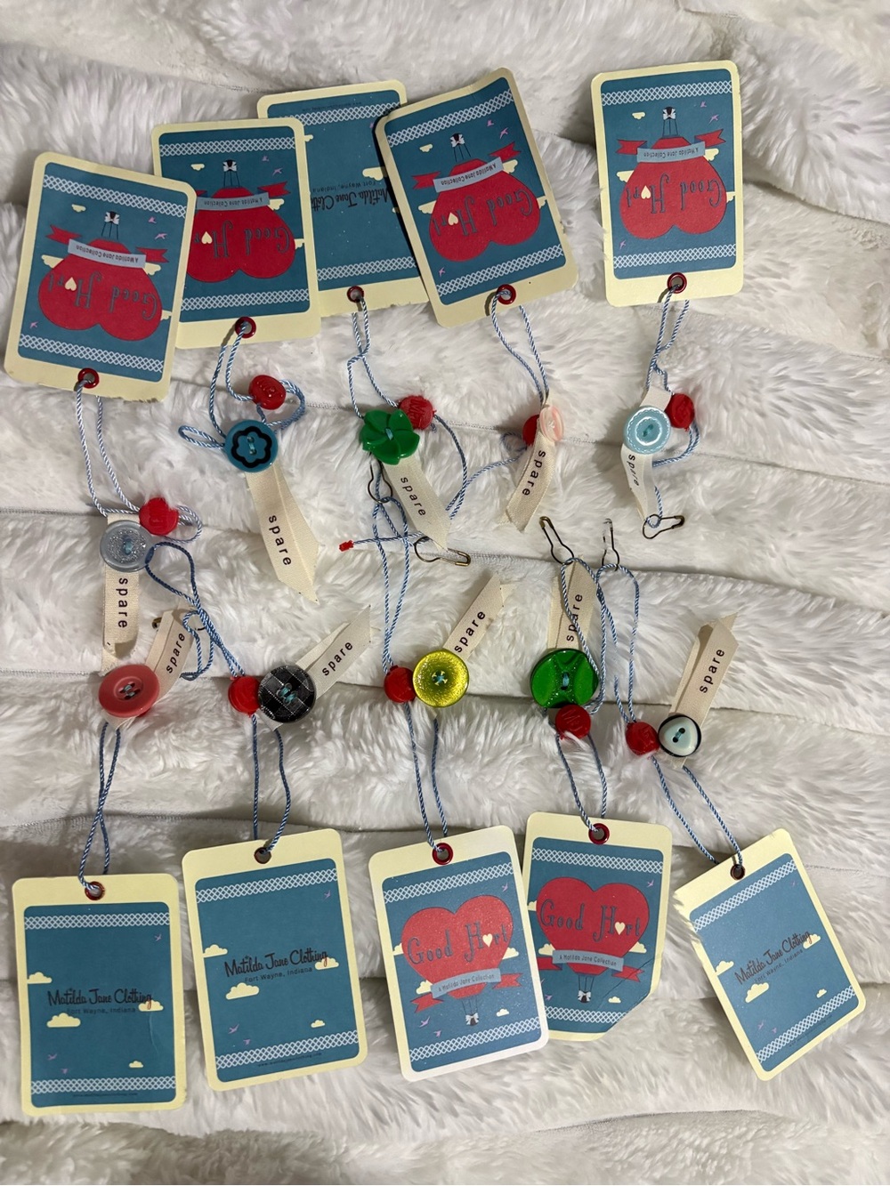 Matilda Jane Assorted Button Tags in Red, Green, Blue, Yellow, Pink, Cream